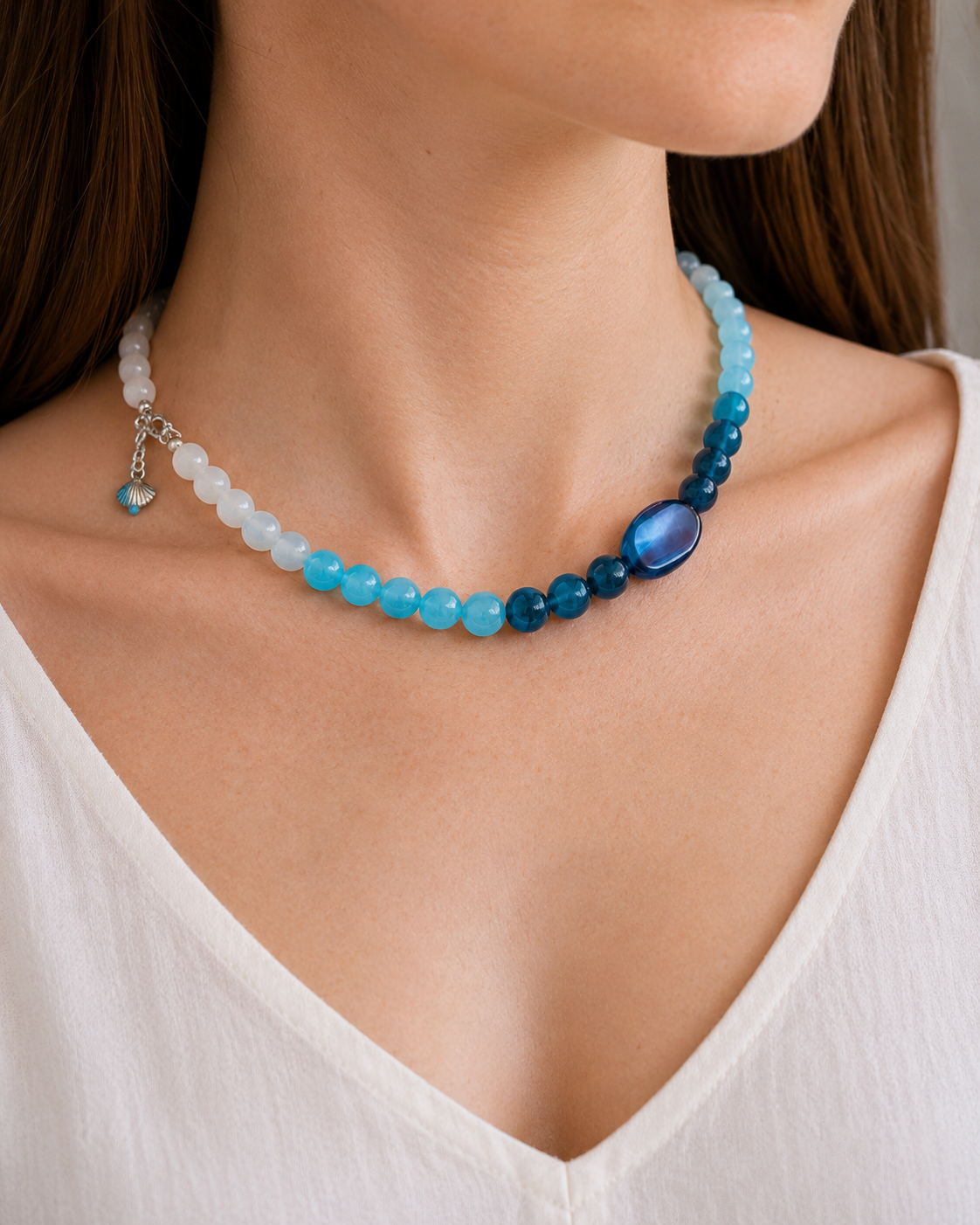 Blue Ombré Crystal Necklace — worn