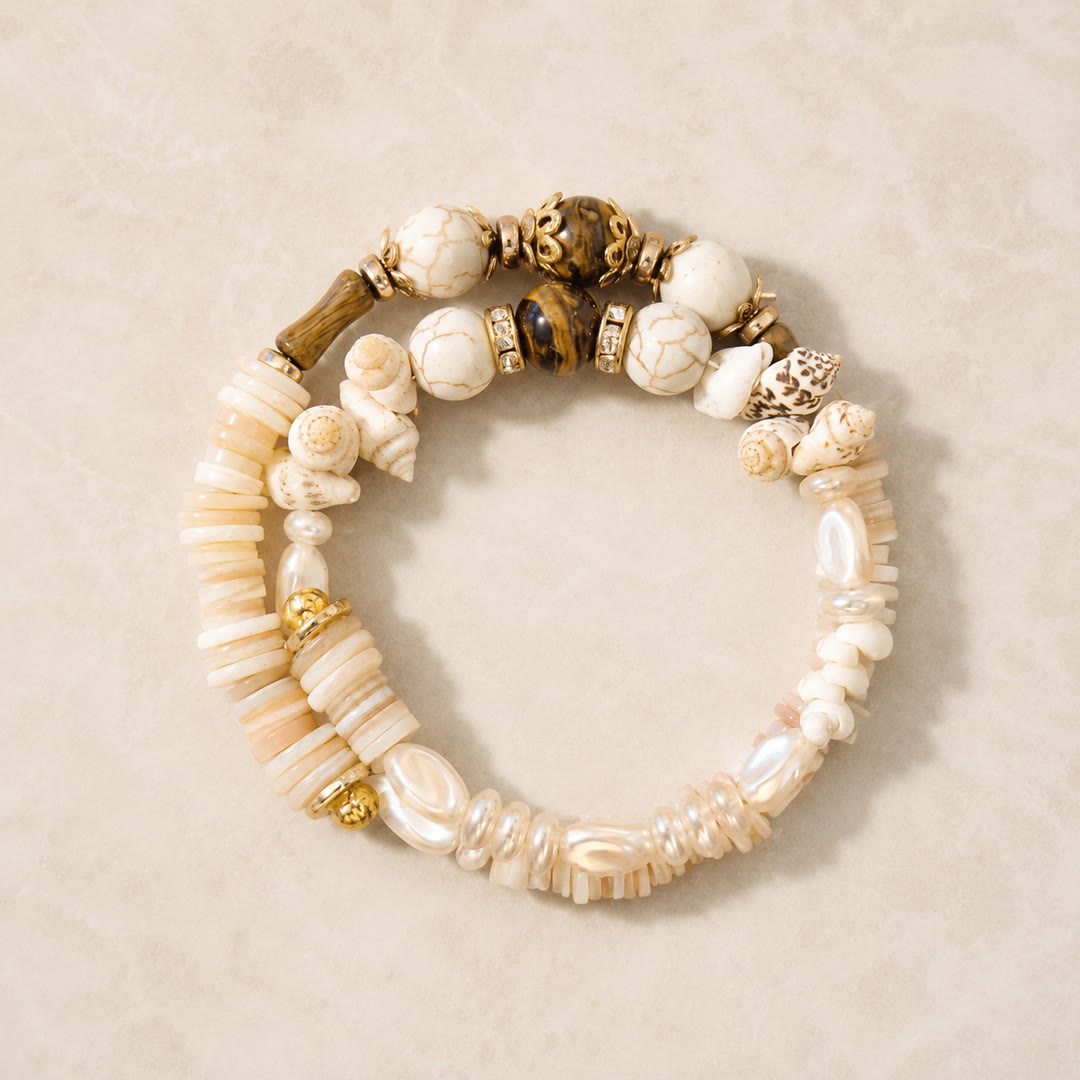 Cream Pearl & Shell Coil Bracelet — detail