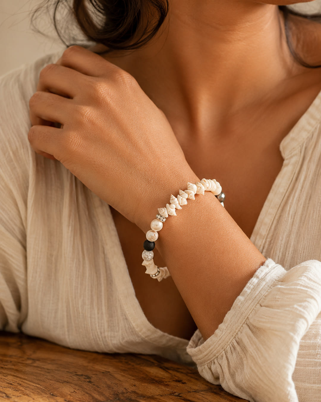 Shell, Howlite & Pearl Bracelet — worn