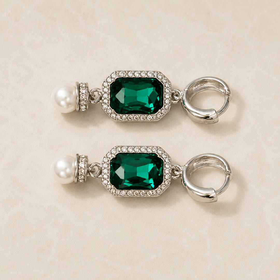 Emerald Crystal & Glass Pearl Earrings — detail