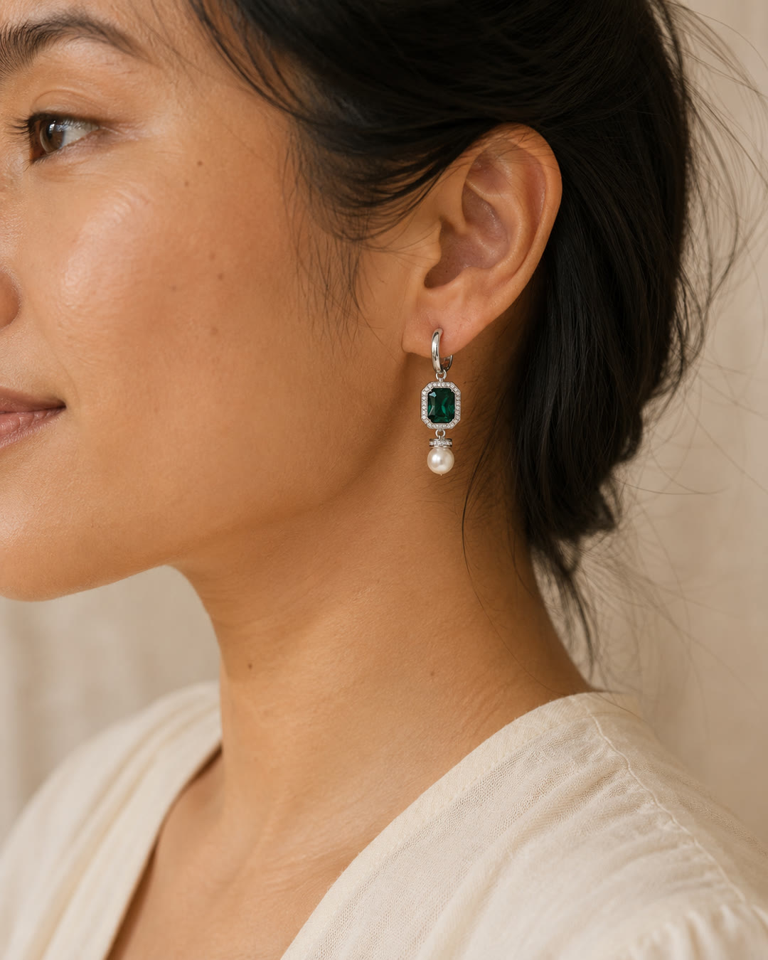 Emerald Crystal & Glass Pearl Earrings — worn