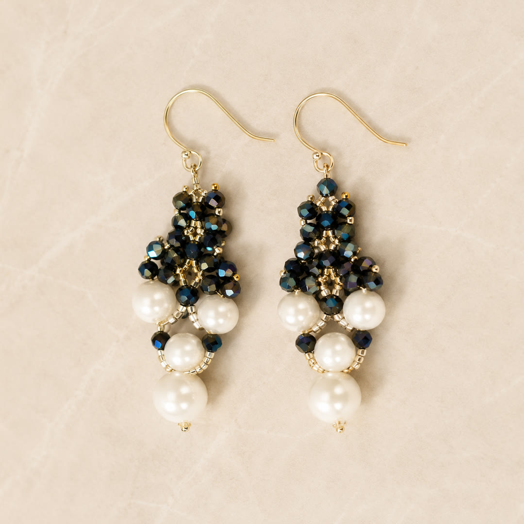 Woven Pearl & Navy Cluster Earrings — detail