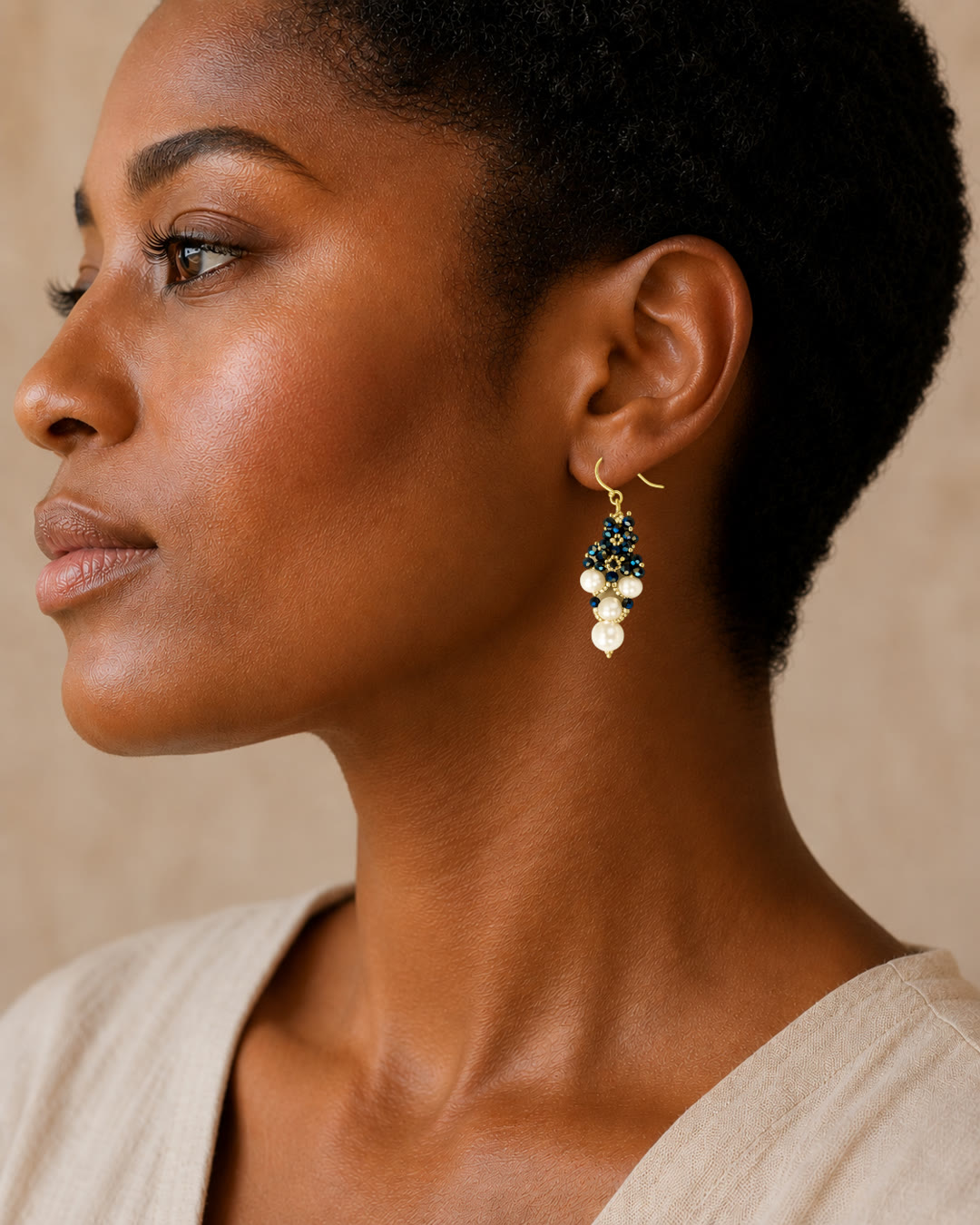 Woven Pearl & Navy Cluster Earrings — worn