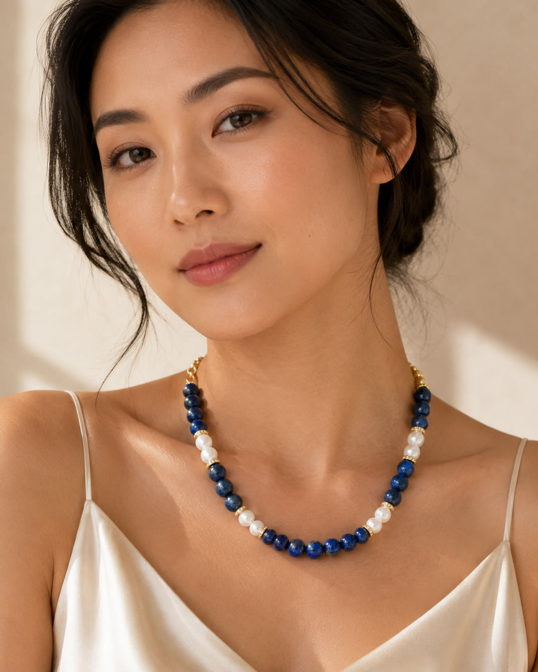Blue Lapis, Sodalite & Quartz Necklace — worn