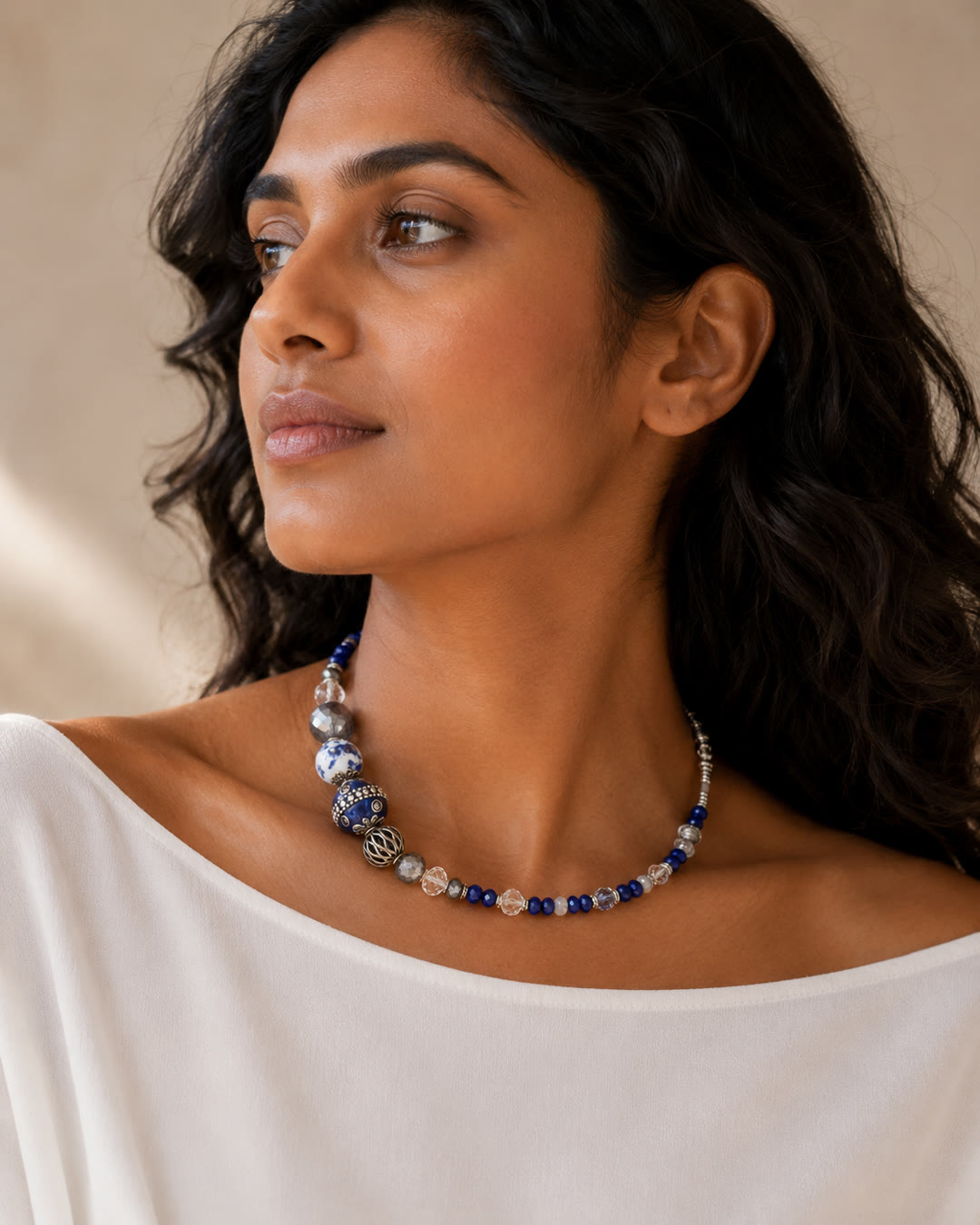 Blue Crystal & Porcelain Necklace — worn