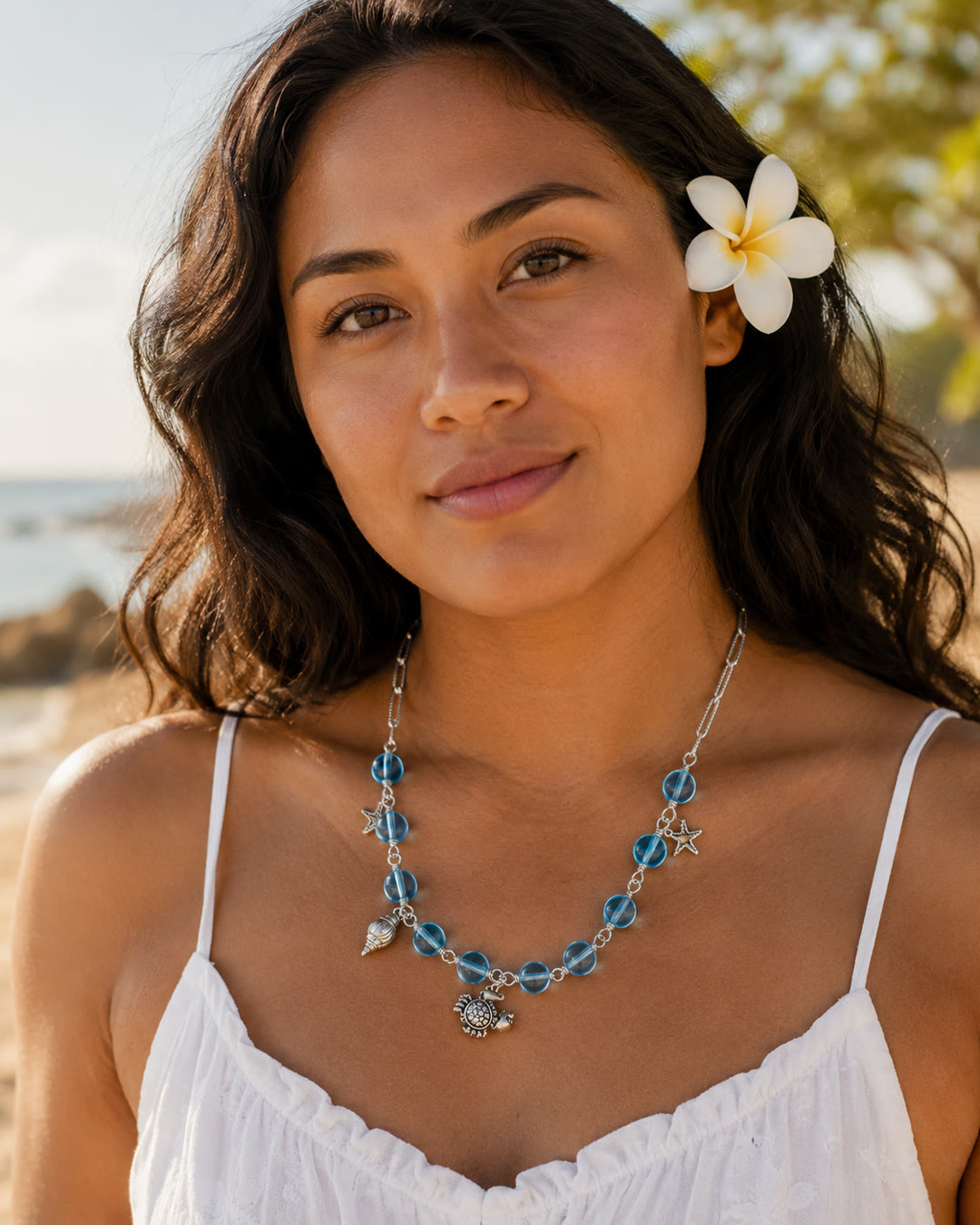 Blue Glass & Starfish Necklace — worn