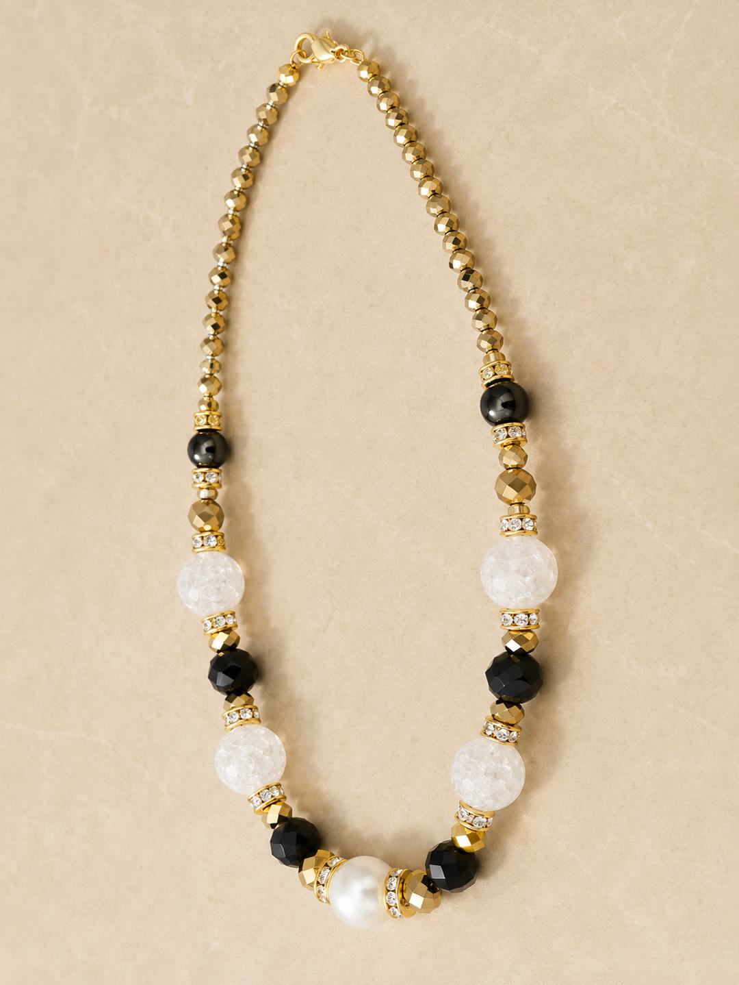 Onyx, Druzy, Gold & Pearl Necklace — detail