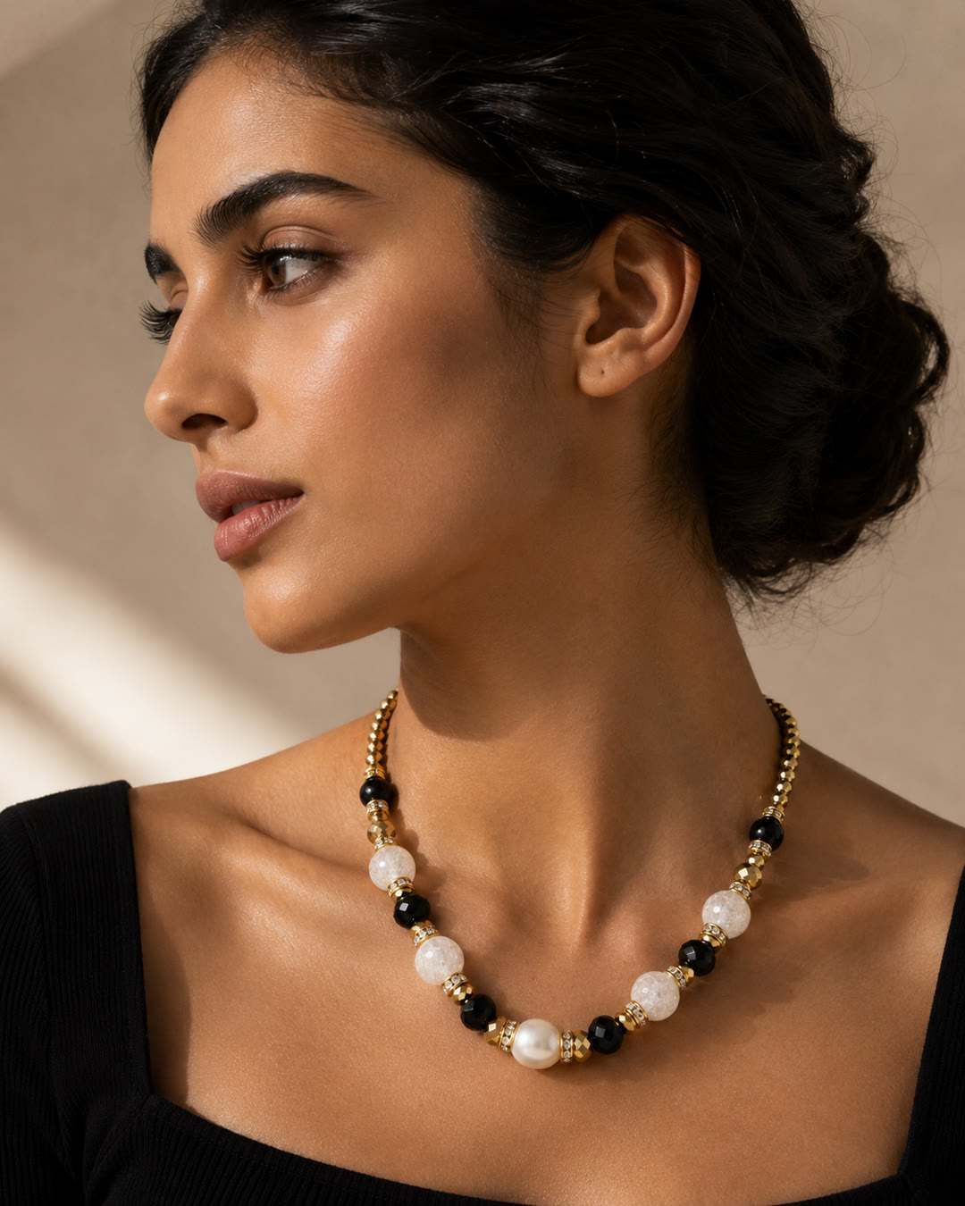 Onyx, Druzy, Gold & Pearl Necklace — worn