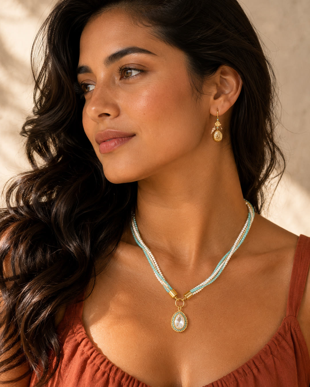 Woven Aqua Rope Necklace — worn