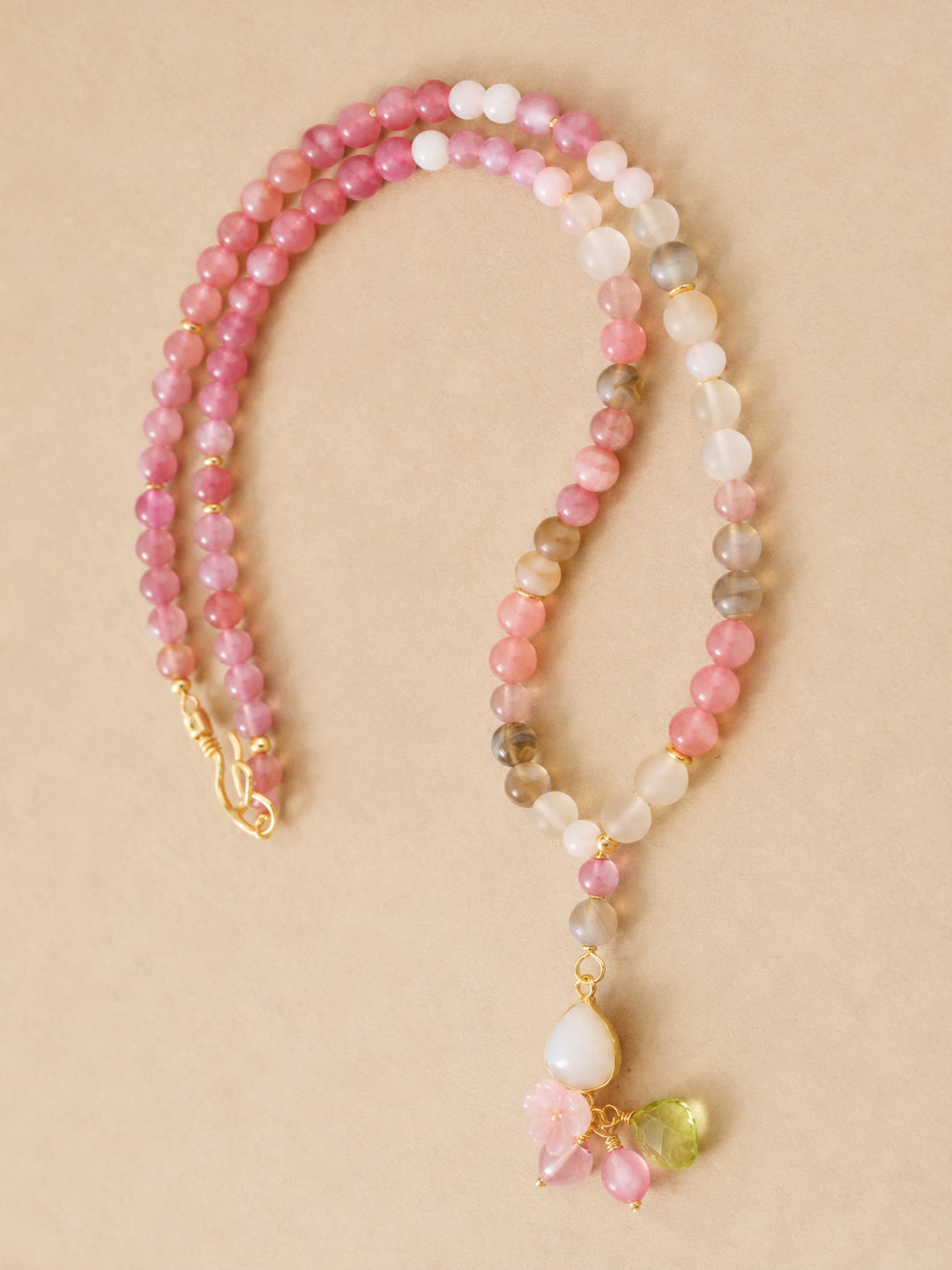 Rose Quartz, Grey Agate & Moonstone Necklace — detail