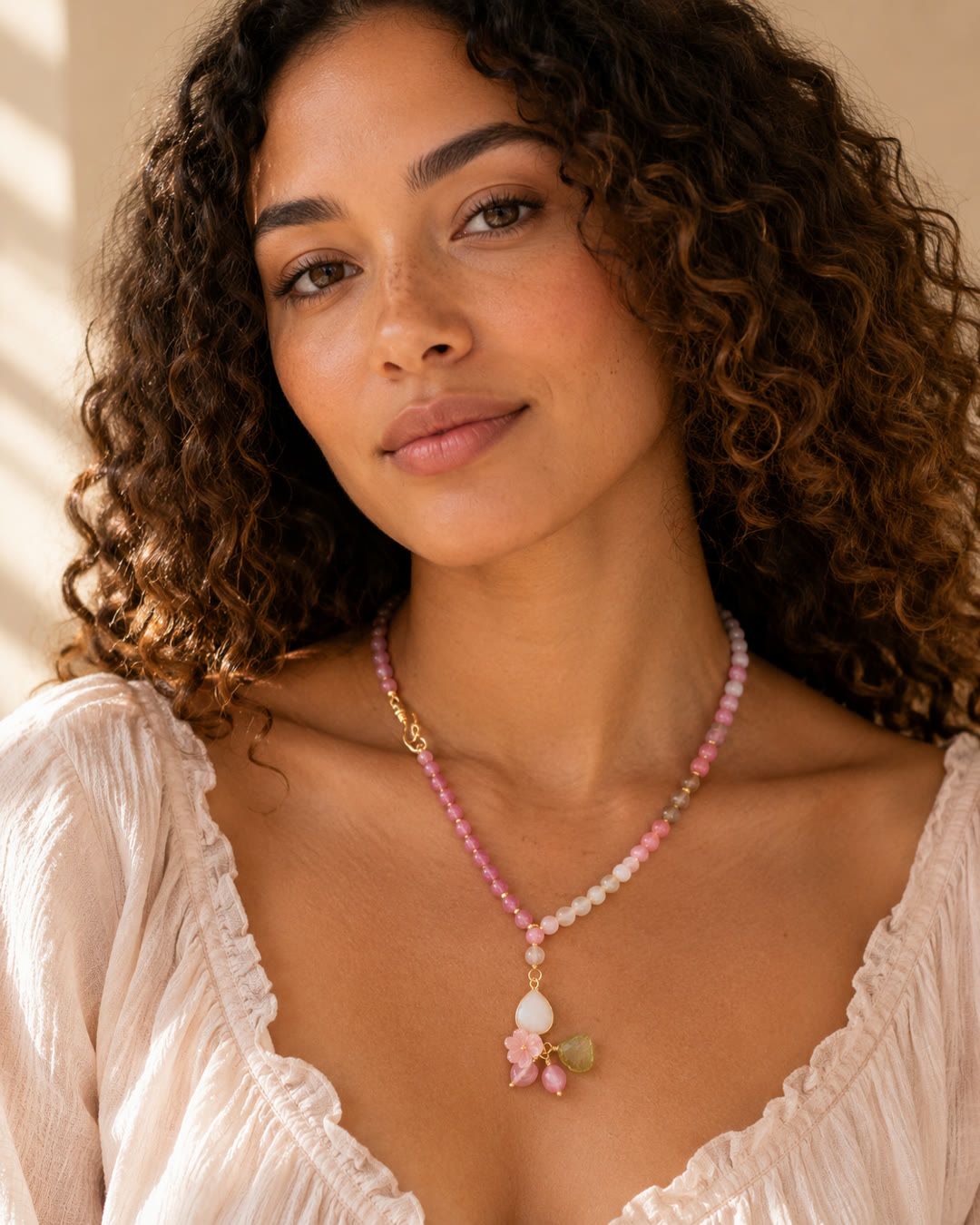 Rose Quartz, Grey Agate & Moonstone Necklace — worn